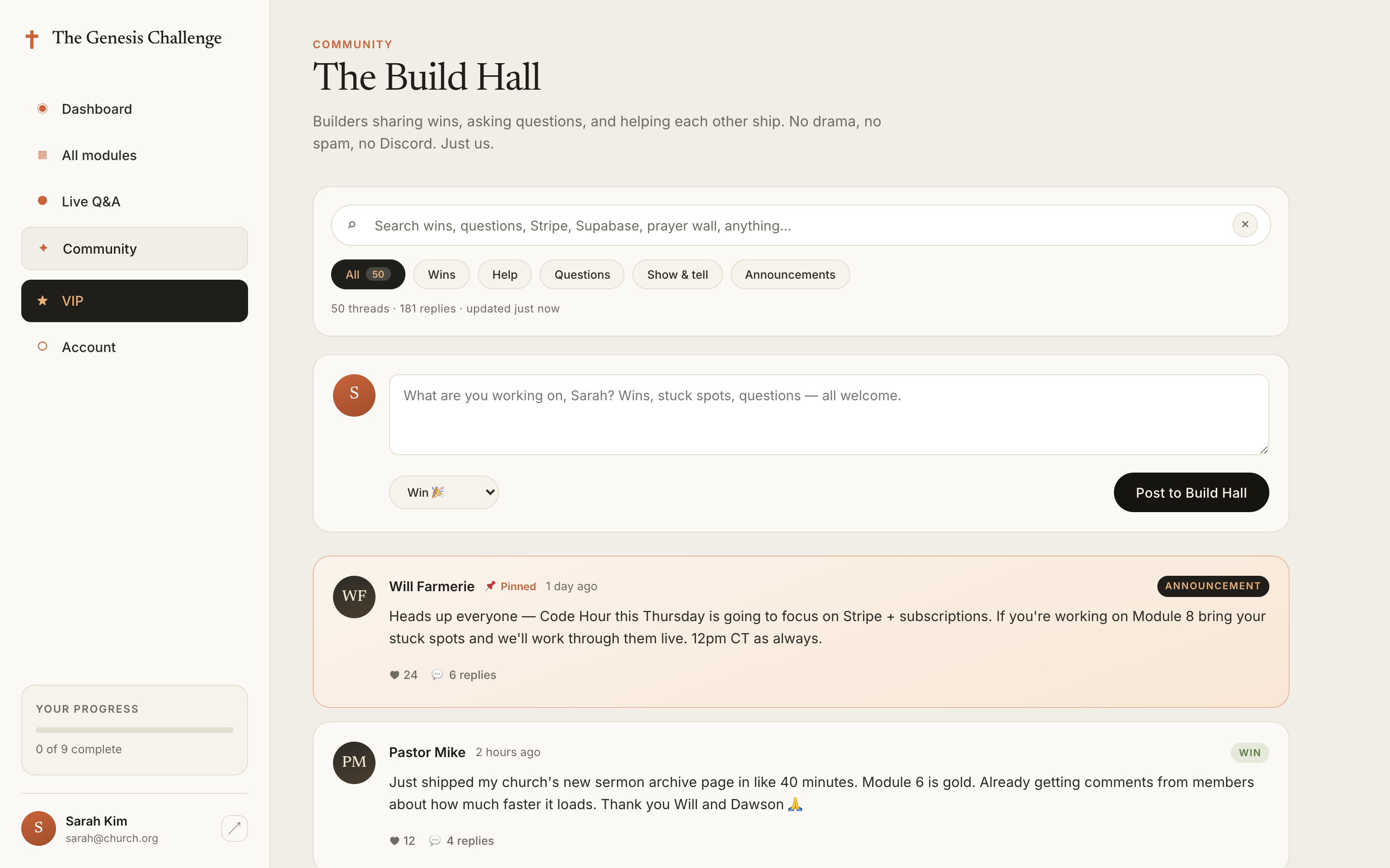 The Build Hall community feed, with builders sharing wins, asking questions, and helping each other ship.