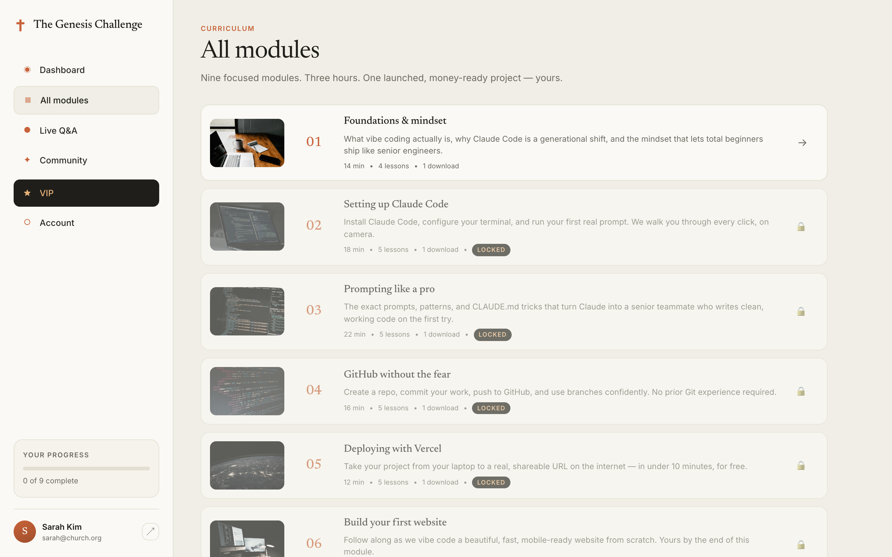 The All Modules view inside the course, with thumbnails for each lesson.