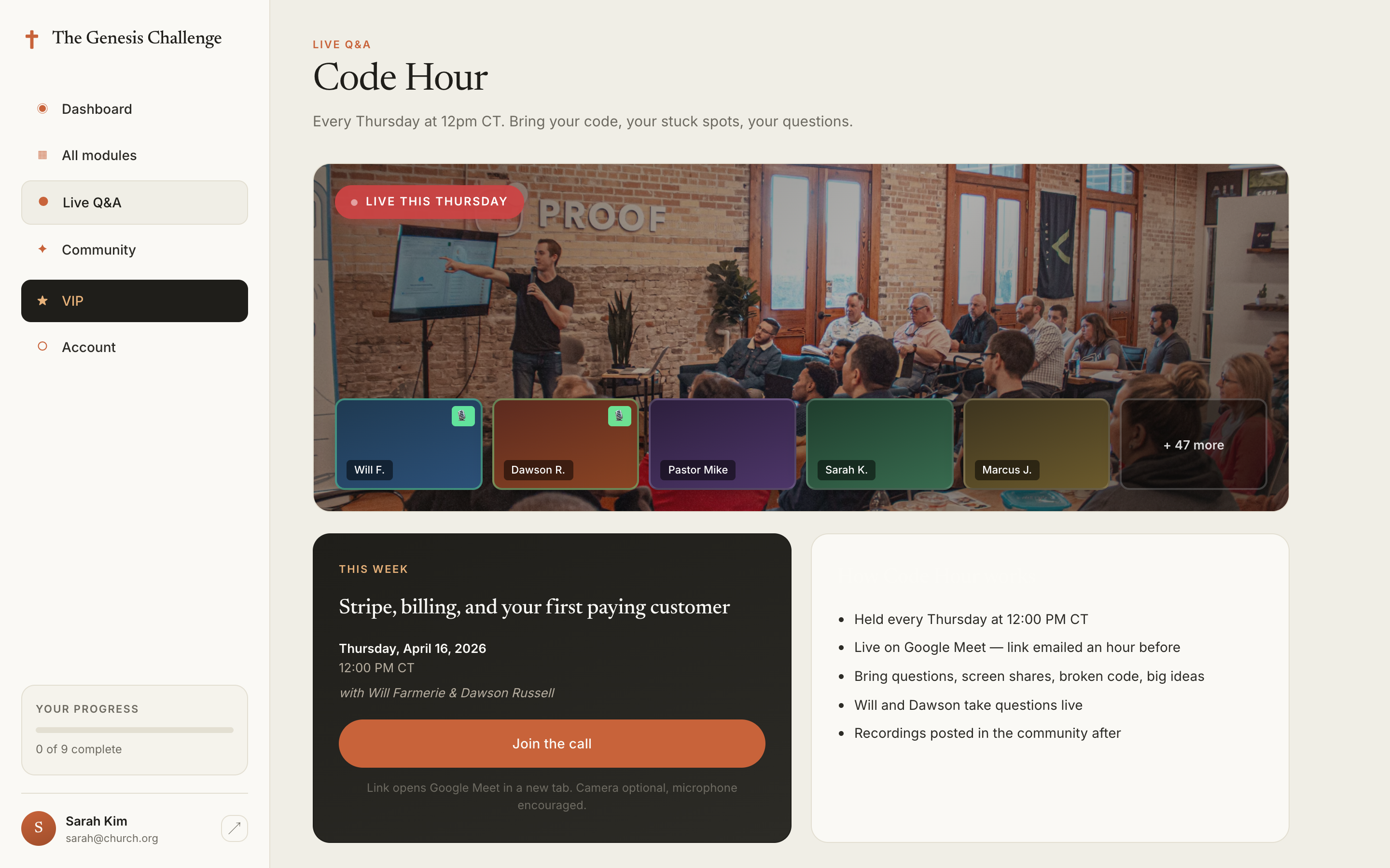 The Live Q&A Code Hour view, with this week's session and upcoming dates.